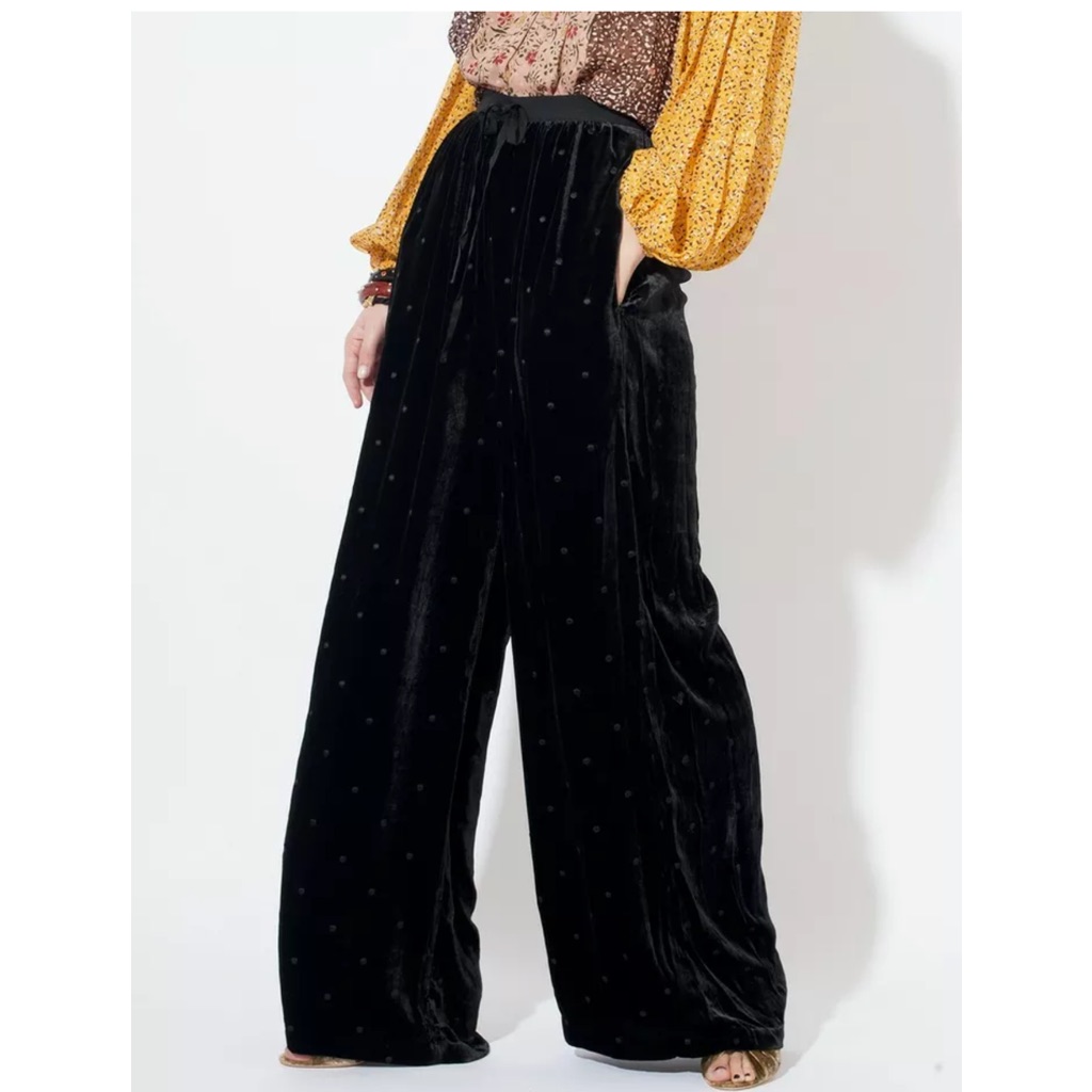 Ulla Johnson Maia Velvet Polka Dot Wide Leg Black Pants